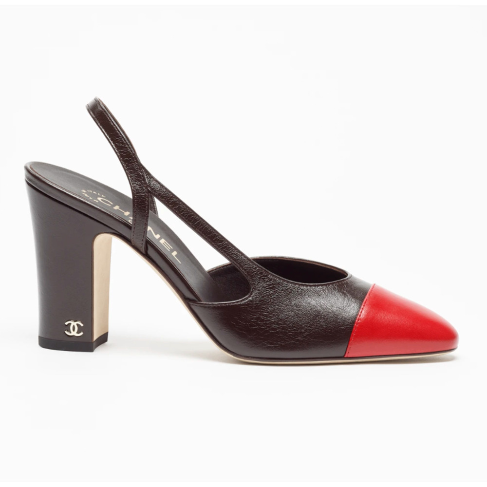 Chanel 26S Blazy Dark Brown Red CC Coco Sling Slingback Block Heel Pump 37.5c